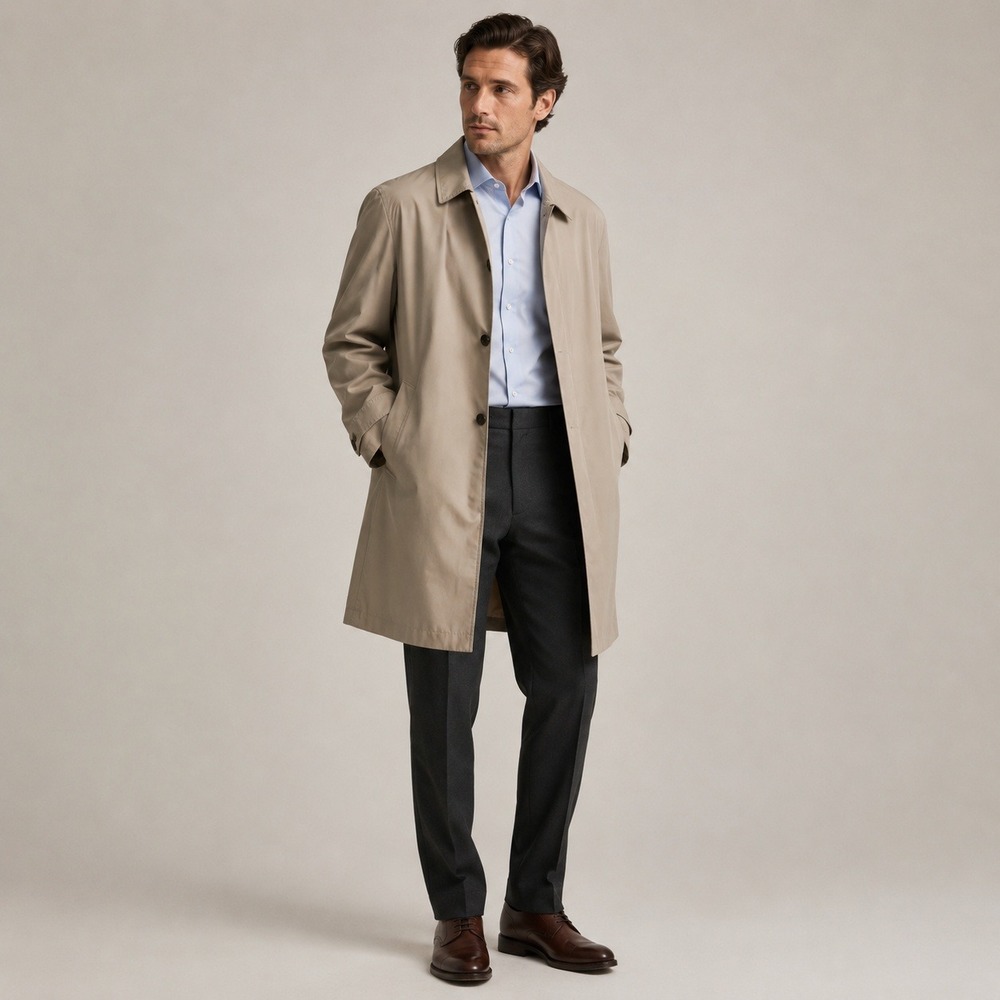 Paul Stuart Danilo Mens Raincoat Overcoat 46L Taupe Hidden Button Made Austria